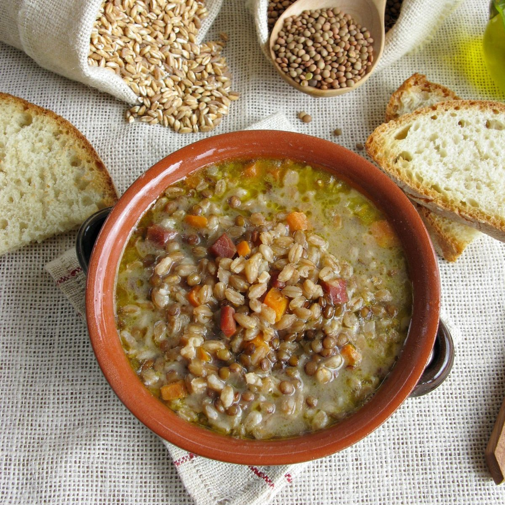 Suppe mit perlfarro & roten linsen – bio-getreide & hülsenfrüchte, 400 gr