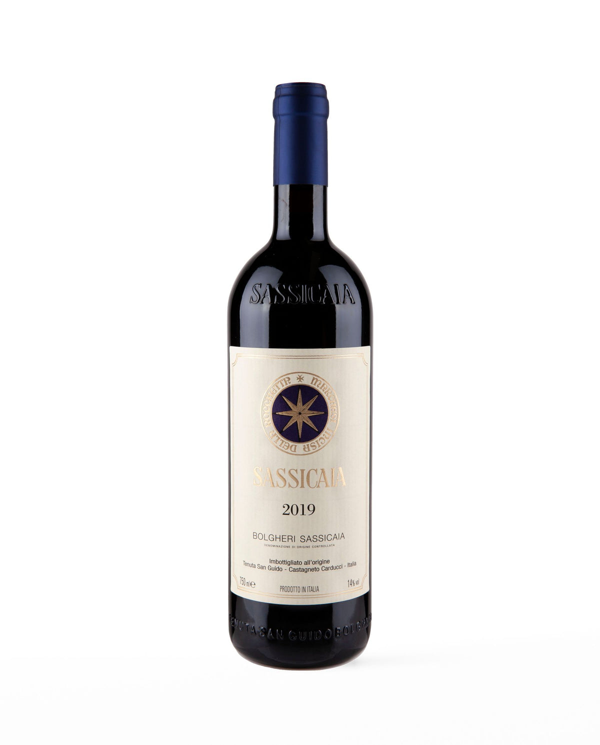Bottiglia di Sassicaia, Tenuta San Guido – Bolgheri Sassicaia DOC, vino rosso toscano (etichetta di un'annata precedente)