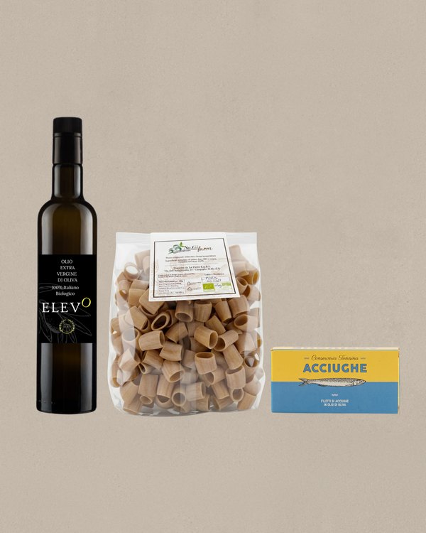 Calamarata all'Elbana + Olio Elevo – foto del prodotto su sfondo chiaro, specialità toscana di Toscana Bella